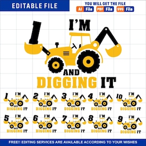 Birthday Svg Bundle, I&#39;m 1 And Digging It Svg, Construction Svg, 1rd Birthday Svg, Excavator Svg, Boys Birthday Shirt Svg, Birthday