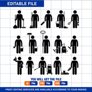 Domestic Cleaner Clean Man Person with Cleaning Tools and Equipment Broom Brush Stick Figure Pictogram Icons PNG SVG EPS Vector Download