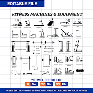 Fitness Exercise Cardio Muscle Building Machines Equipment Weights Barbell Rowing Treadmill Bench Gym Gymnasium Workout Download Icon Vector Etsy UK