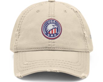 Casquette brodée USA Eagle effet vieilli | Chapeau en sergé de coton de style vintage