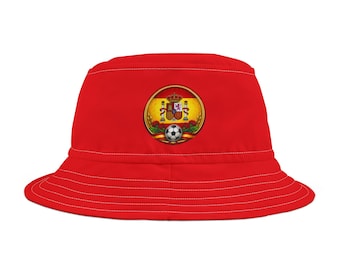 Spain Football Crest Bucket Hat | Red Polyester Soccer Emblem Hat