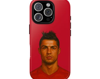 Op de afbeelding: Rode telefoonhoes met een portret van een man met donker haar en een rood shirt. De telefoonhoes heeft een glanzende afwerking en een drievoudig camerasysteem.