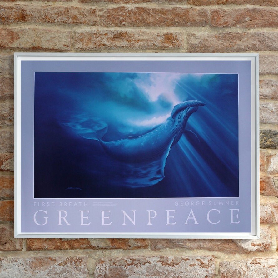Humpback Whale and Calf Wall Art Print "First Breath" - Mother & Baby Art, Blue Ocean Decor,  Fine Art Poster signed by Artist George Sumner