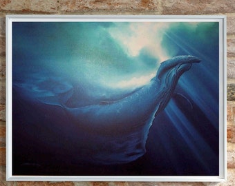 Humpback Whale and Calf Wall Art Print "First Breath" - Mother & Baby Art, Blue Ocean Decor, Fine Art Poster signed by Artist George Sumner