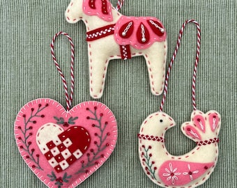 Valentine Ornament Set Pattern PDF  Three Scandinavian Felt Ornaments  Dala Horse Bird Woven Heart