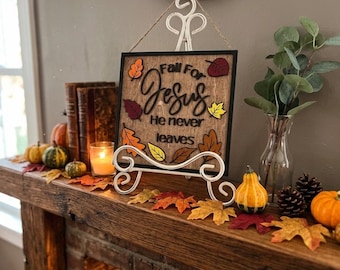 Fall For Jesus He Never Leaves Wood Sign | 3D Layered Leaves Wall Hanging