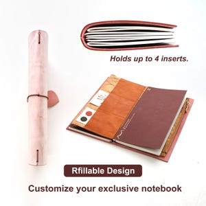 K&ouml;nnte beinhalten: Ein nachf&uuml;llbares Ledernotizbuch mit Rei&szlig;verschlussfach und braunem Ledereinsatz. Das Notizbuch ist geschlossen und der R&uuml;cken ist sichtbar. Der Text "Rfillable Design" ist unten im Bild gedruckt. Der Text "Customize your exclusive notebook" ist unten im Bild gedruckt. Der Text "Holds up to 4 inserts" ist oben im Bild gedruckt.