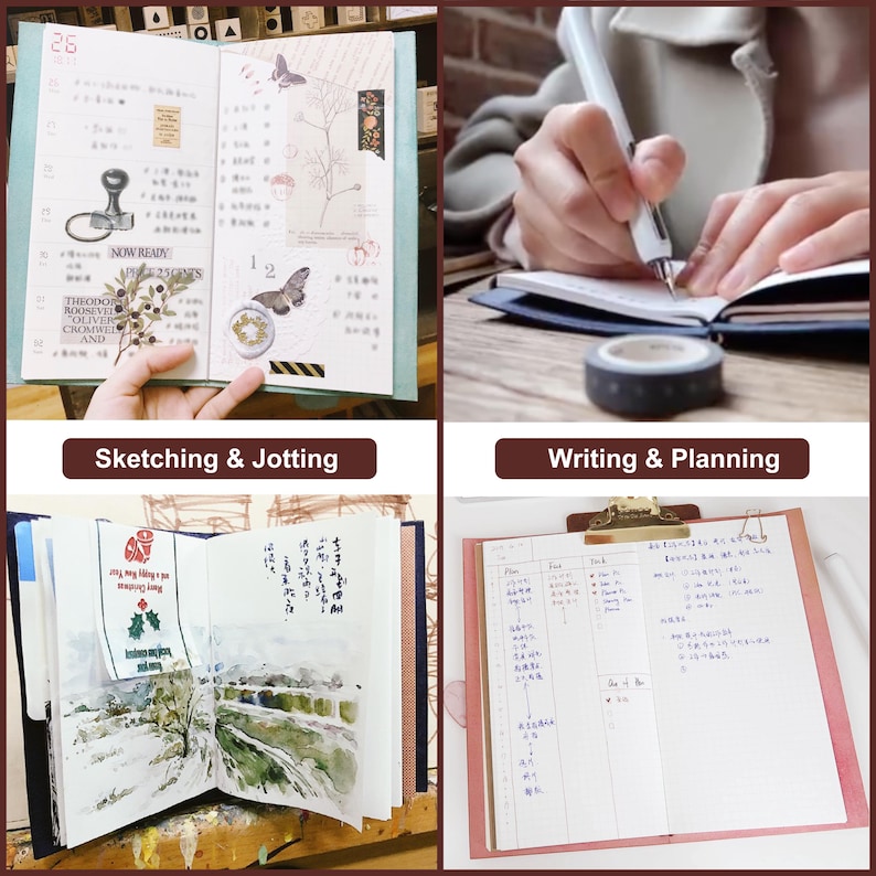 K&ouml;nnte beinhalten: Nahaufnahme von drei ge&ouml;ffneten Notizb&uuml;chern mit verschiedenen Schreib- und Zeichenstilen. Das erste Notizbuch hat einen blauen Einband und ist mit handschriftlichen Notizen, Zeichnungen und Aufklebern gef&uuml;llt. Das zweite Notizbuch hat einen schwarzen Einband und ist mit einem Aquarellbild einer Landschaft gef&uuml;llt. Das dritte Notizbuch hat einen rosa Einband und ist mit einem handschriftlichen Zeitplan gef&uuml;llt.