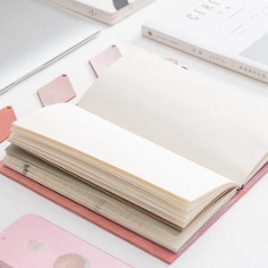 K&ouml;nnte beinhalten: Ein offenes rosa Notizbuch mit leeren Seiten liegt auf einer wei&szlig;en Oberfl&auml;che. Das Notizbuch ist umgeben von anderen B&uuml;roartikeln, darunter ein Laptop, ein Telefon und ein Buch.