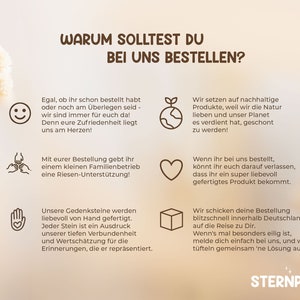 K&ouml;nnte beinhalten: Eine Grafik mit braunem Hintergrund und wei&szlig;em Text, der "Warum solltest du bei uns bestellen?" lautet, mit vier Illustrationen eines l&auml;chelnden Gesichts, einer Hand, die ein Herz h&auml;lt, eines Globus mit einer darauf wachsenden Pflanze und einer Schachtel. Der Text erkl&auml;rt die Vorteile einer Bestellung bei einem kleinen Familienbetrieb, darunter die Unterst&uuml;tzung lokaler Unternehmen, der Erhalt hochwertiger Produkte und eine schnelle Lieferung.