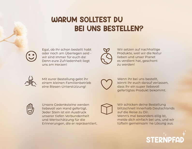 K&ouml;nnte beinhalten: Eine Grafik mit braunem Hintergrund und wei&szlig;em Text, der "Warum solltest du bei uns bestellen?" lautet, mit vier Illustrationen eines l&auml;chelnden Gesichts, einer Hand, die ein Herz h&auml;lt, eines Globus mit einer darauf wachsenden Pflanze und einer Schachtel. Der Text erkl&auml;rt die Vorteile einer Bestellung bei einem kleinen Familienbetrieb, darunter die Unterst&uuml;tzung lokaler Unternehmen, der Erhalt hochwertiger Produkte und eine schnelle Lieferung.