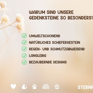 K&ouml;nnte beinhalten: Eine Grafik mit hellbraunem Hintergrund und wei&szlig;en Blumen. Der Text "WARUM SIND UNSERE GEDENKSTEINE SO BESONDERS?" befindet sich oben auf der Grafik. Unter dem Text befindet sich eine Liste mit Gr&uuml;nden, warum die Gedenksteine so besonders sind. Die Liste umfasst: "UMWELTSCHONEND", "NAT&Uuml;RLICHES SCHIEFERGESTEIN", "REGEN- UND SCHMUTZABWEISEND", "LANGLEBIG" und "BEZAUBERNDE DESIGNS". Der Text "STERNPFAD" befindet sich unten auf der Grafik.