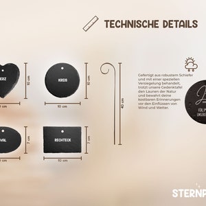 K&ouml;nnte beinhalten: Schwarze Schieferformen in Herz-, Kreis-, Oval- und Rechteckform mit L&ouml;chern zum Aufh&auml;ngen. Jede Form ist 10 cm breit und 7 cm hoch. Die Formen sind mit "Herz", "Kreis", "Oval" und "Rechteck" beschriftet. Ein schwarzer Metallhaken ist 40 cm hoch. Ein schwarzer Schieferkreis mit wei&szlig;er Aufschrift lautet "Jay 2008-2004 For immer in unseren Herzen".
