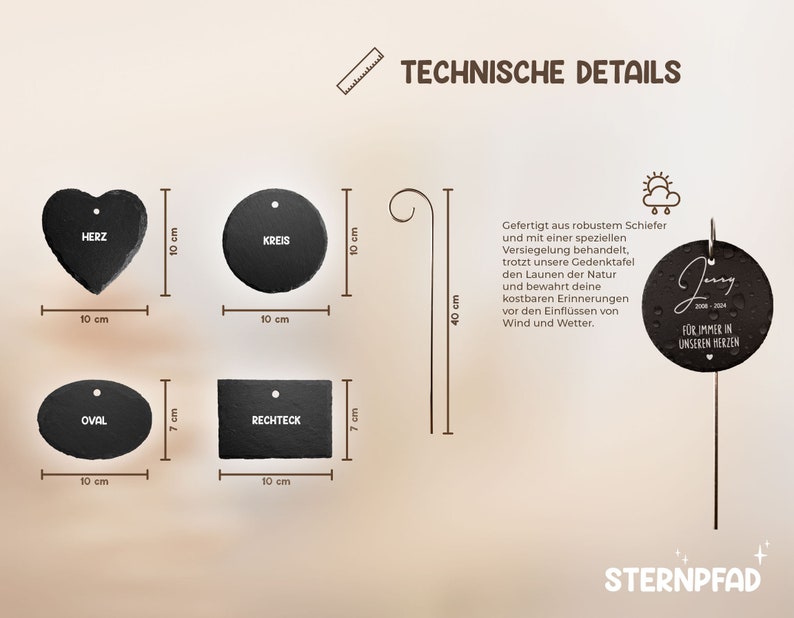 K&ouml;nnte beinhalten: Schwarze Schieferformen in Herz-, Kreis-, Oval- und Rechteckform mit L&ouml;chern zum Aufh&auml;ngen. Jede Form ist 10 cm breit und 7 cm hoch. Die Formen sind mit "Herz", "Kreis", "Oval" und "Rechteck" beschriftet. Ein schwarzer Metallhaken ist 40 cm hoch. Ein schwarzer Schieferkreis mit wei&szlig;er Aufschrift lautet "Jay 2008-2004 For immer in unseren Herzen".
