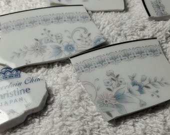 May include: Close-up of broken pieces of a white porcelain plate with a blue and pink floral pattern. The plate is labeled "Celestial China Christine Japan".