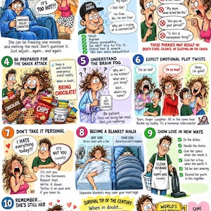 May include: A colorful infographic titled A Man's Guide to Surviving Menopause featuring ten numbered cartoon panels illustrating various scenarios and advice for navigating menopause, including text tips, emotional expressions, and humorous advice.