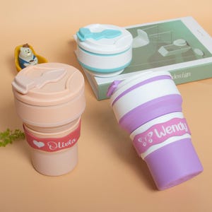 Vaso de agua de silicona plegable con grabado personalizado de 11,8 oz, botella de viaje portátil personalizada a prueba de fugas, regalo ideal para viajeros y cumpleaños