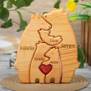 Rompecabezas de familia de osos de madera grabado personalizado, figuras de animales personalizadas para 2 a 6 personas en caja de regalo, ideal para aniversarios y decoración del hogar.
