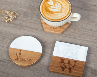 Elegant Custom Engraved Marble and Wooden Coaster Set, Personalized Gift for Weddings, Housewarmings & Anniversaries