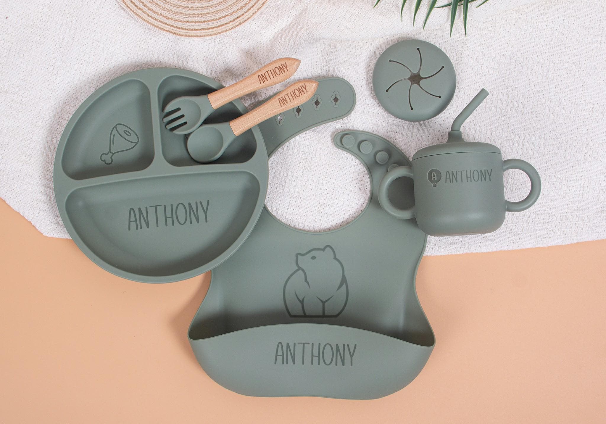 Personalized Silicone Baby Feeding Set 6-in-1, Custom Engraved Toddler Plate, Bib, Utensils, Sippy Cup & Snack Lid | Baby Shower Gift