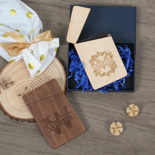 Personalized Wooden Card Case with Gift Box, Custom Engraved Elegant Business Card Holder for Professionals