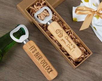 Custom Engraved Wooden Bottle Opener, Personalized Beer Accessory in Gift Box, Ideal Gift for Families, Home Bars & Corporate Events