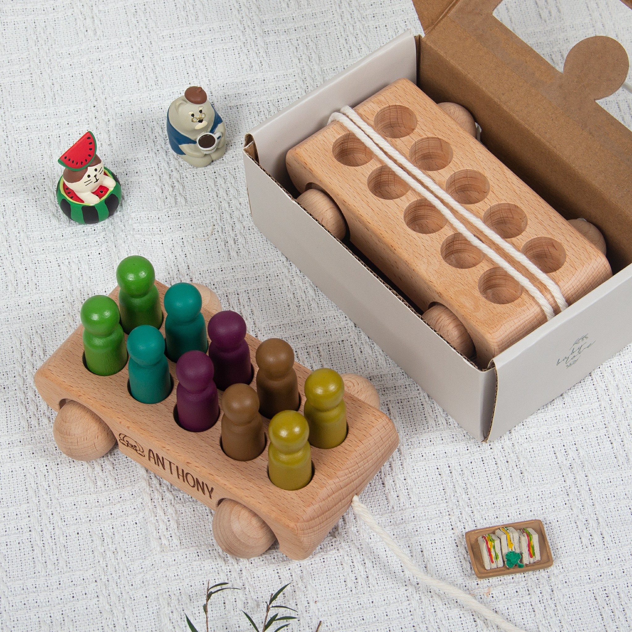 Wooden Teether Bus Set With 4 Peg People - Montessori DIY Paintable Toy For Toddlers