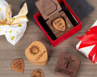 Custom Engraved Guitar Picks with Case, Personalized Wooden Guitar Pick Holder in Gift Box, Ideal Gift for Music Lovers & Guitarists