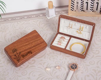 Custom Birth Flower Jewelry Box | Engraved Wooden Travel Case for Rings, Earrings & Necklaces | Personalized Gift for Her