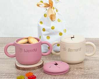 Vaso de silicona grabado personalizado para refrigerios, vaso de entrenamiento personalizado a prueba de fugas con asas, regalo ideal para baby showers y niños pequeños