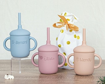 Personalized Silicone Baby Cup with Straw 5.1 fl oz | Custom Engraved Toddler Training Cup 150ml | 1st Birthday Gift | Baby Shower Favors