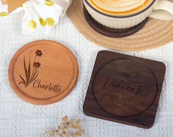 Elegant Custom Engraved Wooden Coaster Set, Personalized Gift for Weddings, Housewarmings & Anniversaries