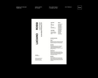 May include: A black and white resume template with the name Luciano Rossi, contact information, education, skills, and work experience. The template is designed to be ATS friendly and includes a cover letter.