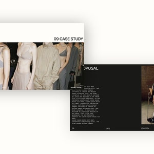 Puede incluir: Una presentaci&oacute;n de estudio de caso con una foto de modelos que visten ropa de color neutro. El texto "09 CASE STUDY" est&aacute; en la parte superior de la p&aacute;gina. La segunda p&aacute;gina muestra una foto de una persona que lleva un su&eacute;ter a rayas y pantalones blancos sentada en una silla. El texto "PROPOSAL" est&aacute; en la parte superior de la p&aacute;gina.