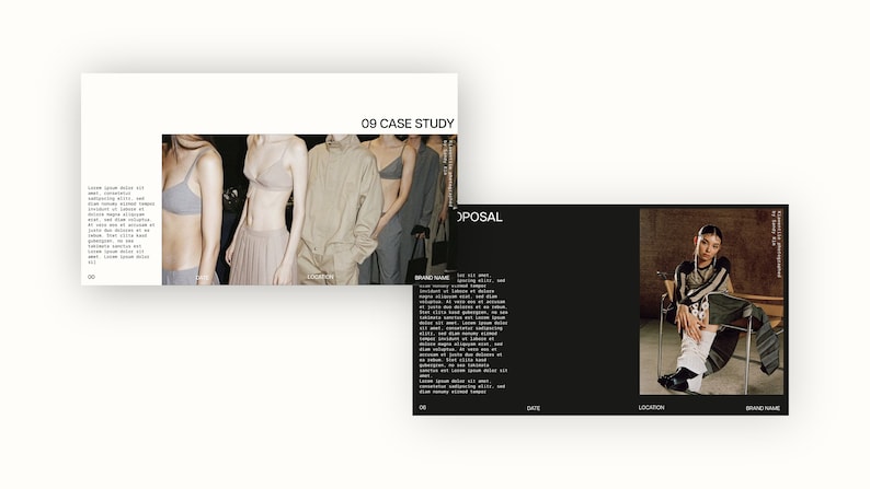 Puede incluir: Una presentaci&oacute;n de estudio de caso con una foto de modelos que visten ropa de color neutro. El texto "09 CASE STUDY" est&aacute; en la parte superior de la p&aacute;gina. La segunda p&aacute;gina muestra una foto de una persona que lleva un su&eacute;ter a rayas y pantalones blancos sentada en una silla. El texto "PROPOSAL" est&aacute; en la parte superior de la p&aacute;gina.