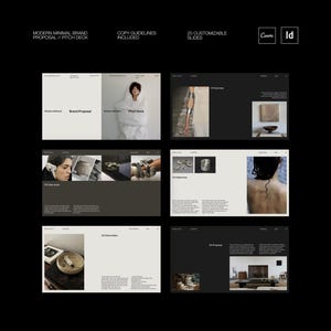 Plantilla de presentación minimalista para propuesta de marca: Canva + InDesign. Diseño moderno para marcas de moda y estilo de vida.