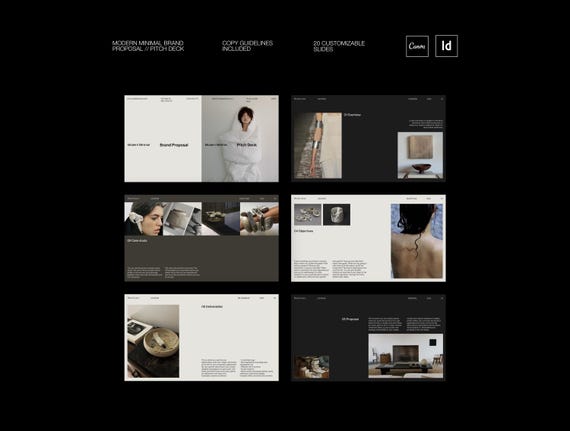 Minimal Brand Proposal Pitch Deck Template: Canva + InDesign. Modern design for fashion + lifestyle brands
