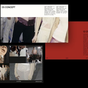 Puede incluir: Un lookbook de moda con fondo rojo y texto negro. El texto incluye "05 CONCEPT", "12 CREDITS", "DATE", "LOCATION" y "BRAND NAME". El lookbook presenta im&aacute;genes de modelos con diferentes atuendos.