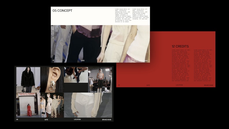 Puede incluir: Un lookbook de moda con fondo rojo y texto negro. El texto incluye "05 CONCEPT", "12 CREDITS", "DATE", "LOCATION" y "BRAND NAME". El lookbook presenta im&aacute;genes de modelos con diferentes atuendos.