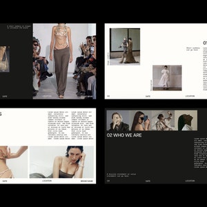Puede incluir: Un lookbook de moda con im&aacute;genes de ropa y accesorios. Las p&aacute;ginas presentan texto sobre la marca y sus objetivos. El texto incluye las palabras "Descripci&oacute;n general", "Objetivos", "Qui&eacute;nes somos" y "Entregables".
