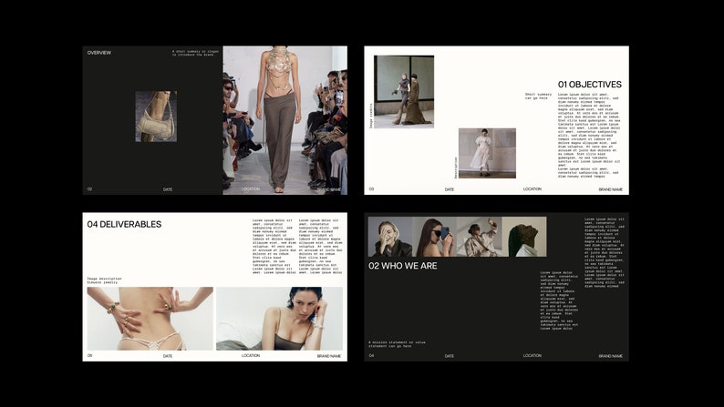 Puede incluir: Un lookbook de moda con im&aacute;genes de ropa y accesorios. Las p&aacute;ginas presentan texto sobre la marca y sus objetivos. El texto incluye las palabras "Descripci&oacute;n general", "Objetivos", "Qui&eacute;nes somos" y "Entregables".