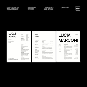 Può includere: Un pacchetto di modelli di curriculum minimalisti con tre esempi di curriculum. I curriculum sono in bianco e nero, con i nomi Lucas Konig, Julia Xang e Lucia Marconi. Il testo include "Usa in Canva o Pages" e "7 opzioni di design personalizzabili."