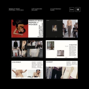 Op de afbeelding: Een minimalistisch merkvoorstel pitchdeck met 20 aanpasbare dia's. De omslagpagina toont een zwart-witfoto van een vrouw in een zwarte jurk en een zwarte hoed. De tekst "Minimalist Brand Proposal // Pitch Deck" is in wit op een zwarte achtergrond.