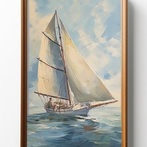 PRINTABLE white sailboat, ocean, vintage inspired oil painting