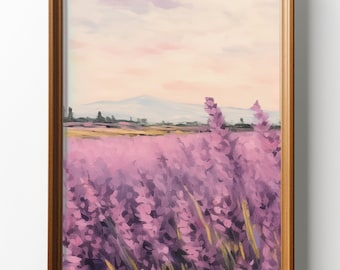 PRINTABLE Lavender meadow, vintage oil painting