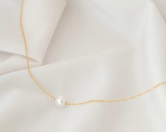 14K Gold Pearl Necklace, Floating Single Pearl Necklace, Minimalist Necklace, Wedding Jewelry, Bridesmaid Gifts, Gift for Her
