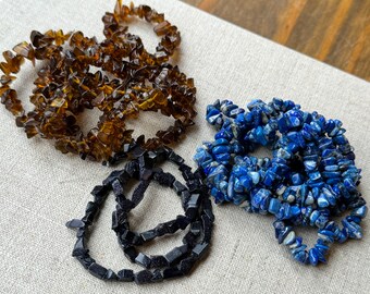 Chip Beads, Brown or Blue Glass or Gemstone Chips