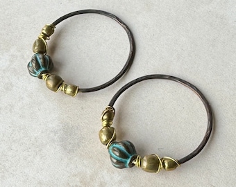 Beaded Hoop Findings, Pair of Antique Verdigris Brass Hoop Earring Dangles