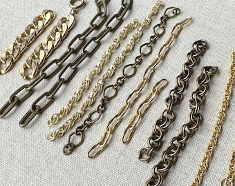 Set of Gold and Antiqued Brass Chains, Mixed Length Chain Pieces, Chunky Chain, Bits, Remnants