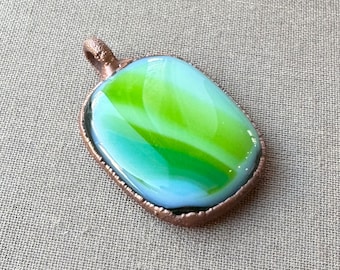 Green Glass Pendant, Copper Electroformed Pendant